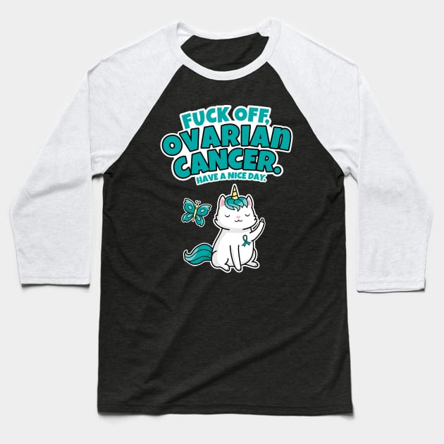 Fuck Off Ovarian Cancer Caticorn Butterfly Baseball T-Shirt by jomadado